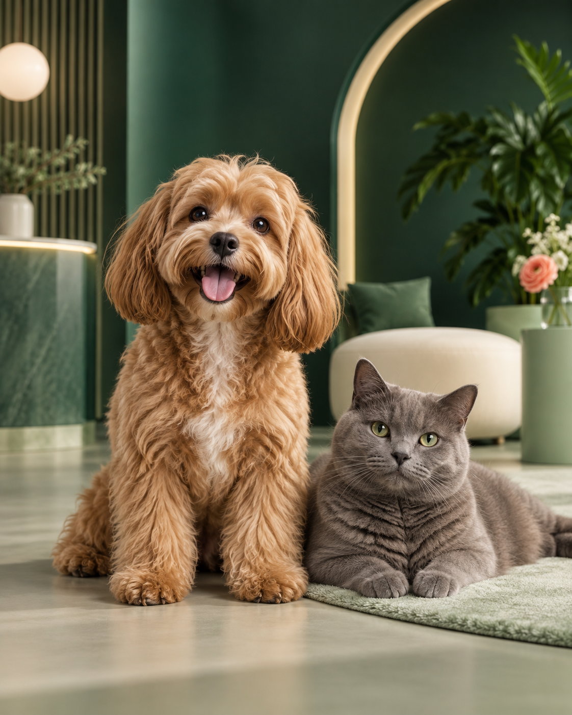 Cão e gato em ambiente acolhedor